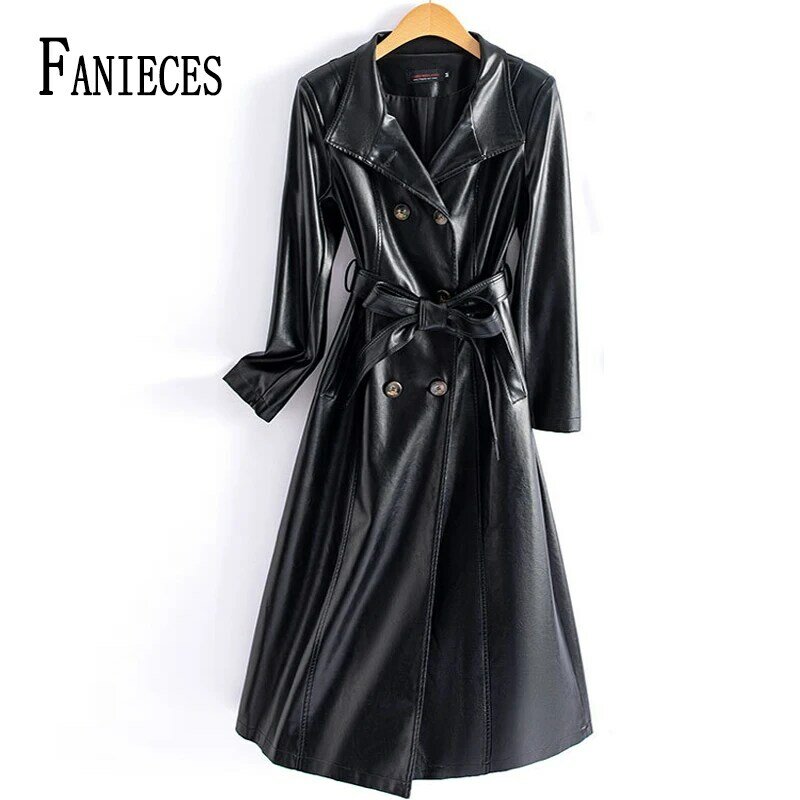 FANIECES Winter Imitation Sheepskin Long Trench Coat For Women Fashion Double-breasted Stand Collar PU Leather Jacket 가죽자켓 пальт