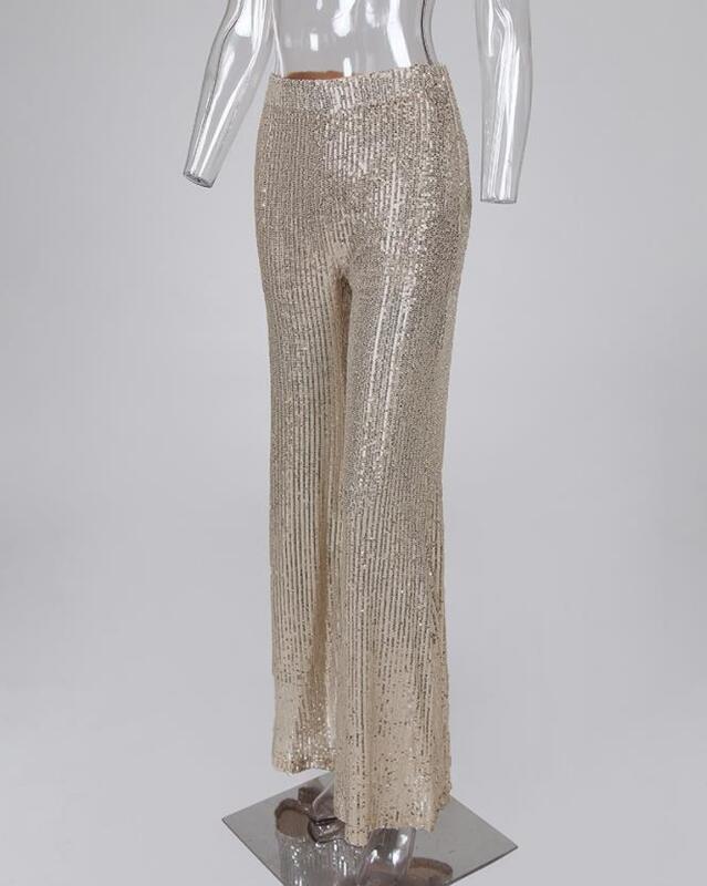 Calça feminina de cintura alta com lantejoulas, fundo feminino, roupa de festa, nova moda, 2024