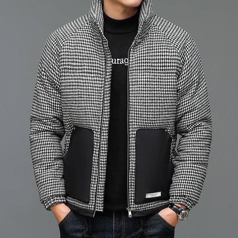 Jaqueta xadrez casual masculina, casaco com zíper, branco, quente, grosso, moda, inverno, 2023