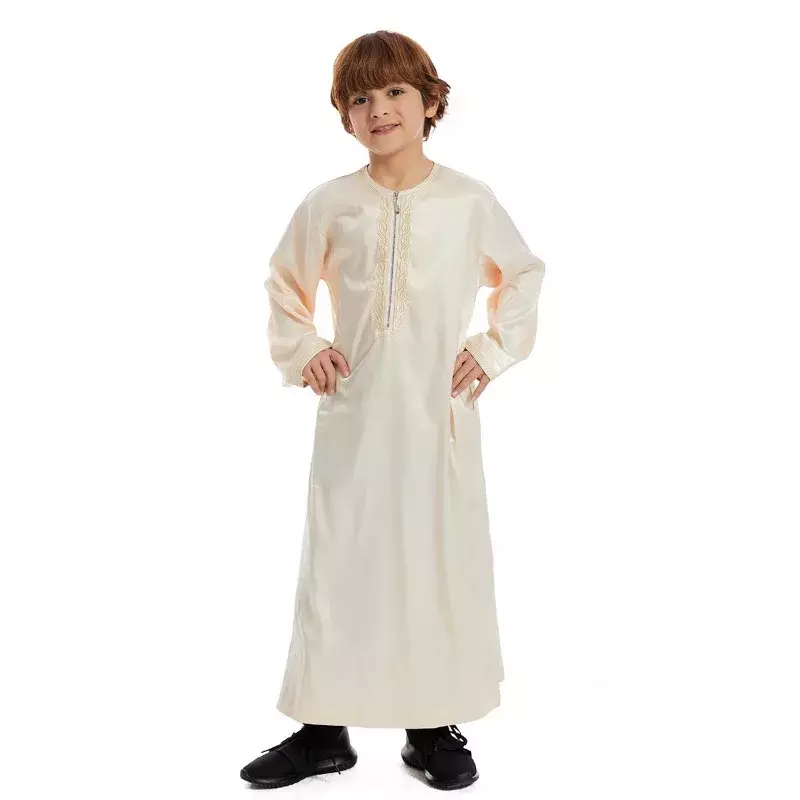 2024 jubah anak-anak Muslim baru pakaian jubah Islam kemeja lengan panjang leher bulat cetak ritsleting Arab Timur Tengah