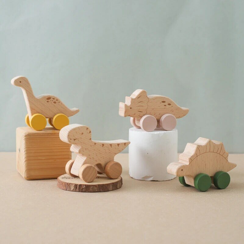 1 szt. Zabawka dla dziecka bukowego drewna z motywem kreskówkowy samochód z dinozaurem edukacyjna Montessori zabawka do ząbkowania dziecka na siłownię prezent urodzinowy dla dziecka produkty