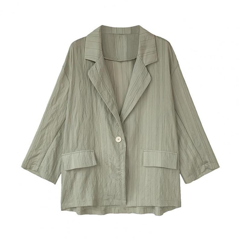 Jaqueta de terno listrado feminino com bolsos com aba, casaco de comprimento médio, lapela chique, manga longa, fina, mulheres
