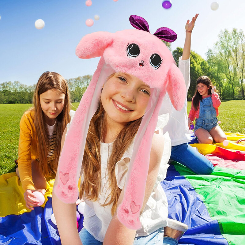 Boneca rosa orelha movendo chapéu para adultos e crianças, orelhas de salto de pelúcia, pop-up boné engraçado, vestir traje festa chapéu