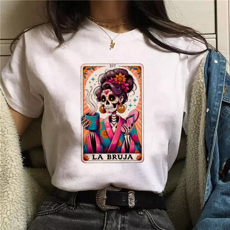 Женская футболка с коротким рукавом La Bruja, модная уличная Футболка с принтом, базовая женская футболка с круглым вырезом и мультяшным принтом