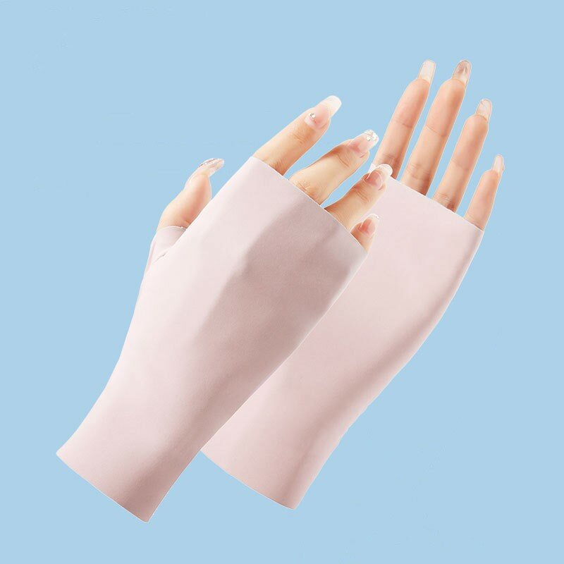 Sarung tangan setengah jari wanita, sarung tangan sutra dingin bernapas tipis tanpa jari, sarung tangan berkendara luar ruangan tabir surya