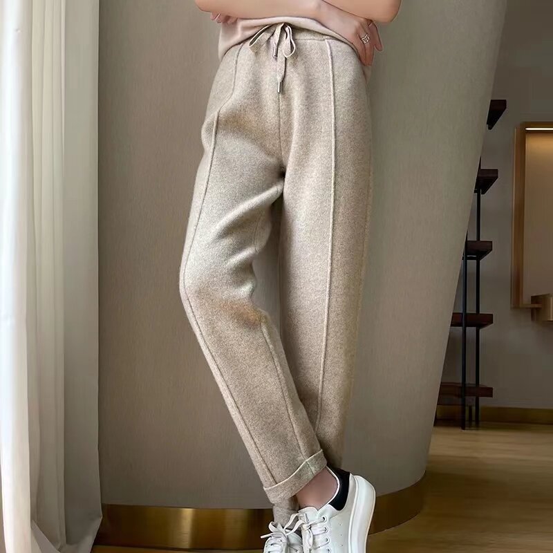 กางเกงผ้าแคชเมียร์เอวสูงสำหรับผู้หญิงกางเกงทรงดินสอถักแบบลำลองผ้าขนสัตว์แท้100% เข้ารูปใหม่ฤดูใบไม้ร่วงและฤดูหนาว2023