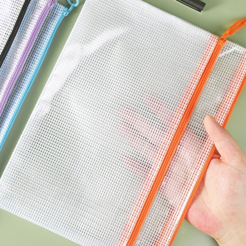 A4 Transparent Grid File Bag Double Thick Zipper School Office Supplies Study Material Test Paper Storage Bag Student Stationery