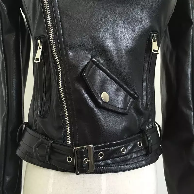 2022 Spring Women Faux Leather Jacket Off The Shoulder Gothic Black Motorcycle Jackets Zippers Short Goth Female PU Coat Z009