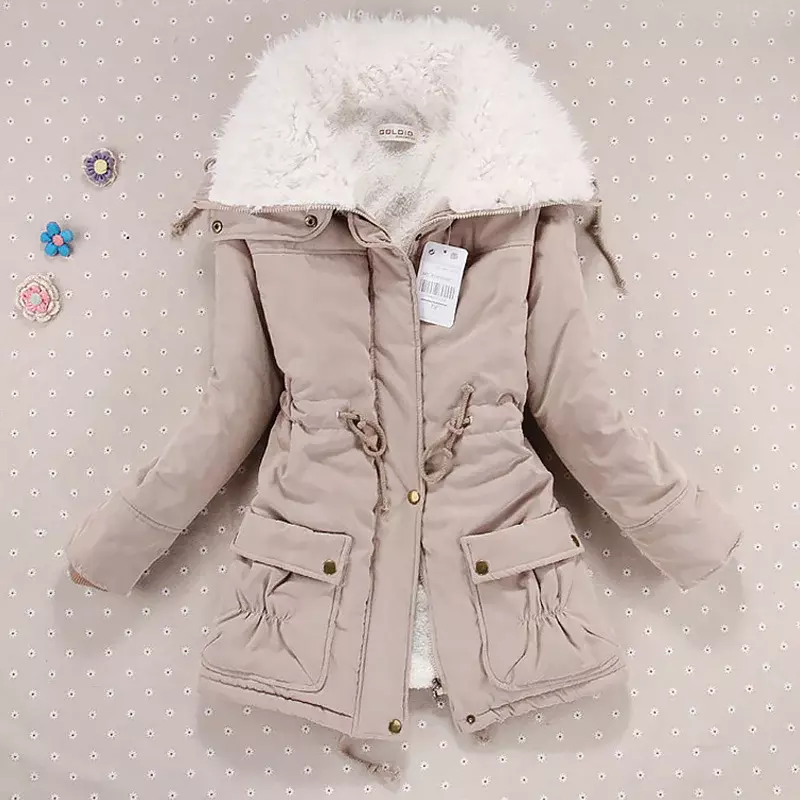Jaqueta grossa com capuz feminino, roupa acolchoada de algodão, casacos slim fit, gola de cabelo, longa, inverno