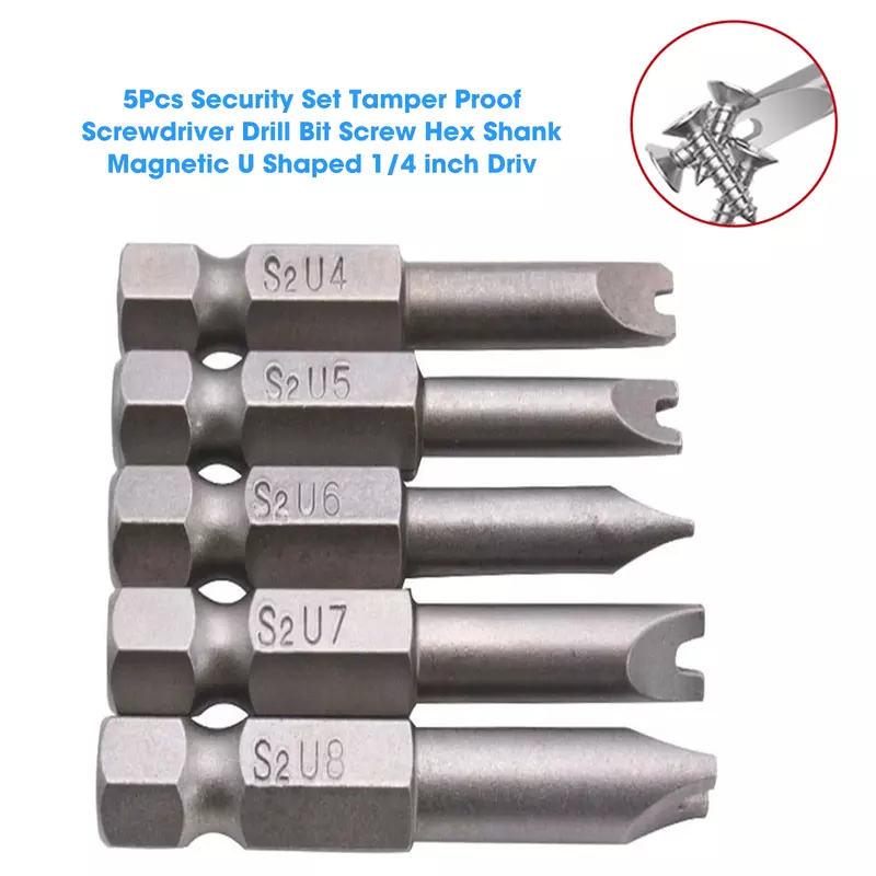 Tamper Proof Screwdriver Drill Bit Set 5Pcs Hex Shank Magnetic U Shaped Security 1/4 inch Driv