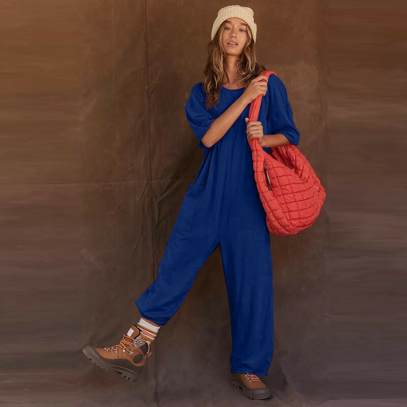 Women Overalls Jumpsuits Solid Color Short Sleeve Round Neck Bodysuits Fashion Loose Streetwear Daily Casual All-Match Rompers