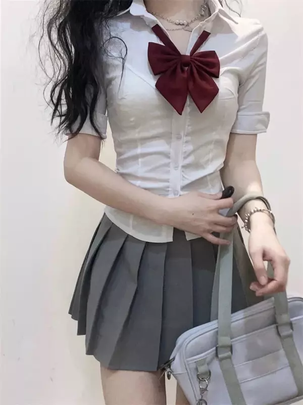 한국 일본 패션 반팔 소녀 셔츠, 대학생 슬림 보타이 붕대 블라우스, JK 탑 교복, 용수철 여름 신상