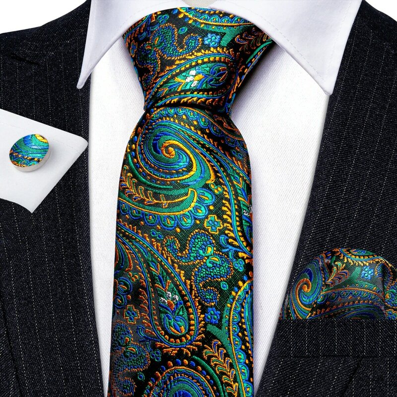 Luksusowy jedwabny krawat męski zestaw zielony złoty czarny krawat we wzór Paisley kieszeń kwadratowe spinki do mankietów prezent ślubny darmowa wysyłka Barry. Wang A-6121
