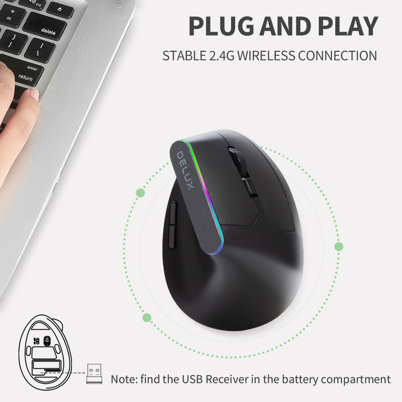Delux m618c mouse para jogos sem fio, silencioso, ergonômico, vertical, 6 botões, receptor usb, rgb, 1600 dpi, óptico, para pc e laptop