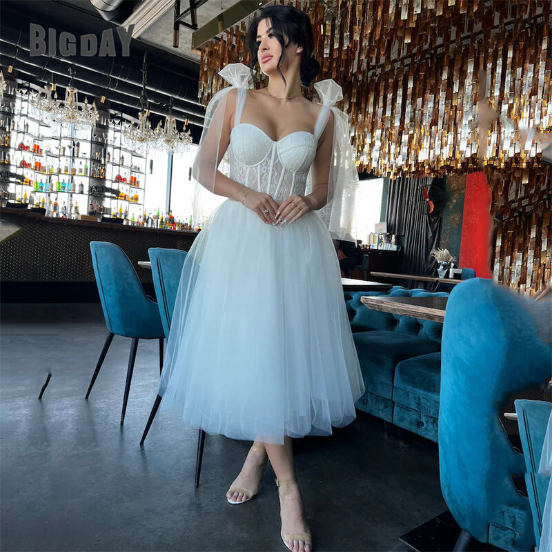 Elegant Short Wedding Dresses A-Line Sweetheart Spaghetti Straps Lace Tulle Open Back Bridal Gown Tea Length Vestidos De Noiva