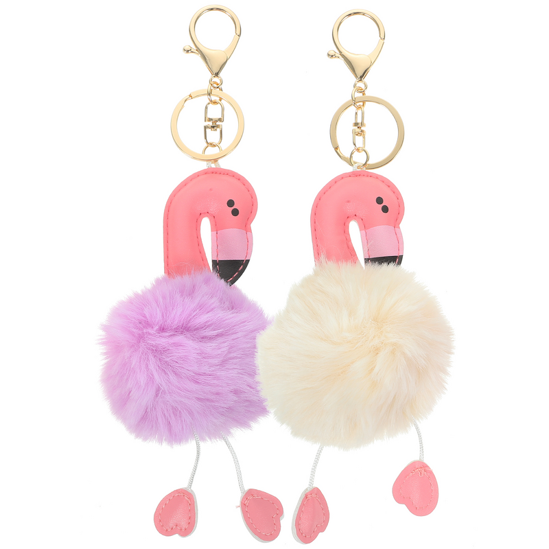 2pcs Faux Fur Ball Flamingo Plush Keychain Backpack Hanging Key Ring Flamingo Key Chain Women Bag Plush Keychain