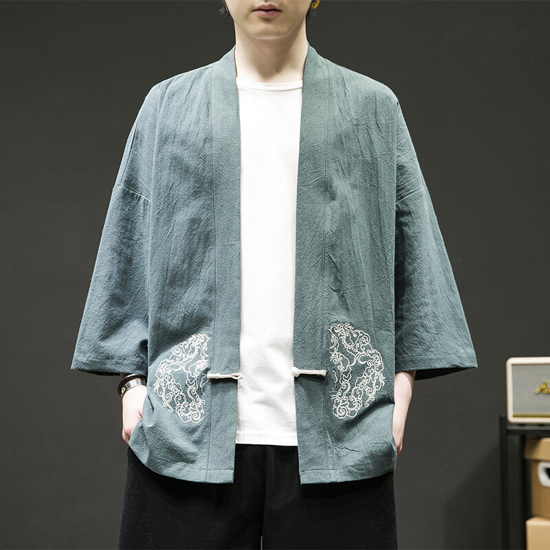 여름 중국 스타일 아이스 실크 재킷 한푸 남성 의상 세트 느슨한 대형 기모노 레트로 스타일 탕 세트 로브 남성
