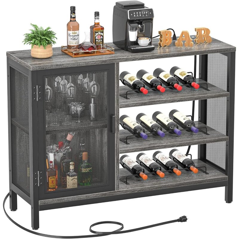 Homieasy Wine Bar Cabinet with Power Outlets, Industrial Coffee Bar Cabinet for Liquor and Glasses, Farmhouse Bar Cabinet with