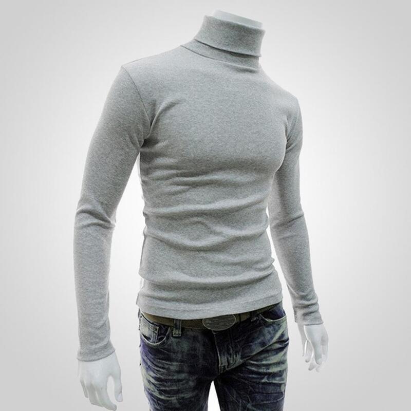 Stylish Solid Color Stretchy Knitted Shirt Comfy Pullover Long Sleeve Turtleneck Men Pullover for Autumn Winter