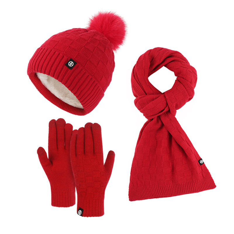 Conjunto de tres piezas de lana para exteriores, bufanda de invierno, gorro de punto, guantes, Bola de Pelo cálida, conjunto de tres piezas