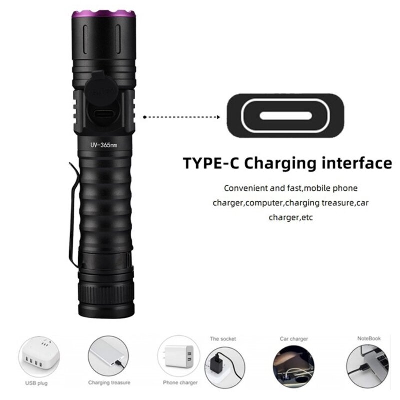 Lanterna UV recarregável USB, 365nm, Lâmpada roxa, Detector de urina do animal do tapete, Pegar Scorpions, Luz negra UV, 395nm