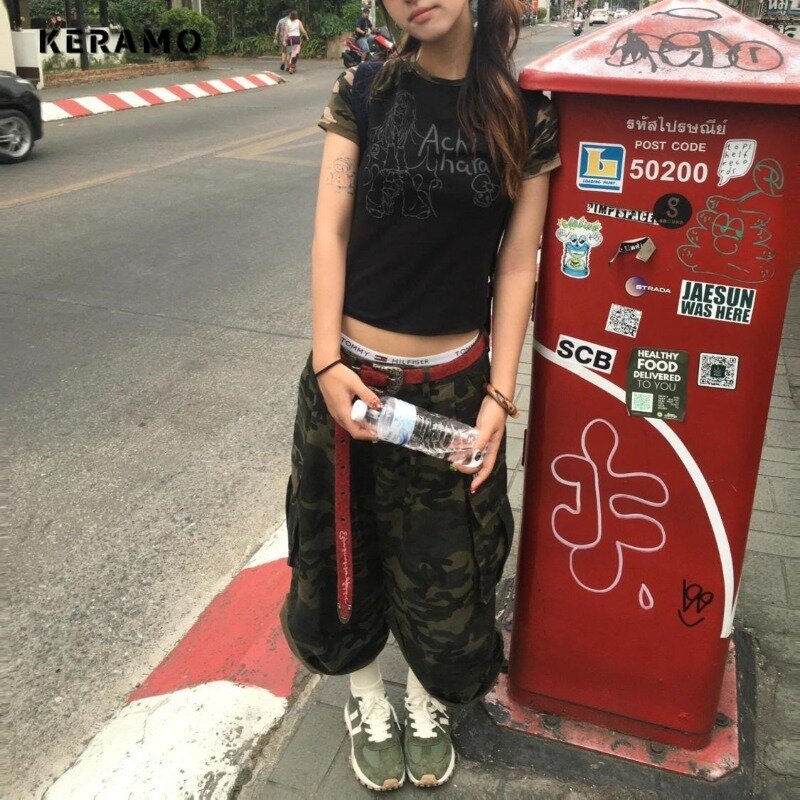 2024 Sommer Frauen Punk Casual Style Harajuku Shorts Vintage hohe Taille lose Shorts y2k weites Bein Baggy Camouflage Denim Shorts