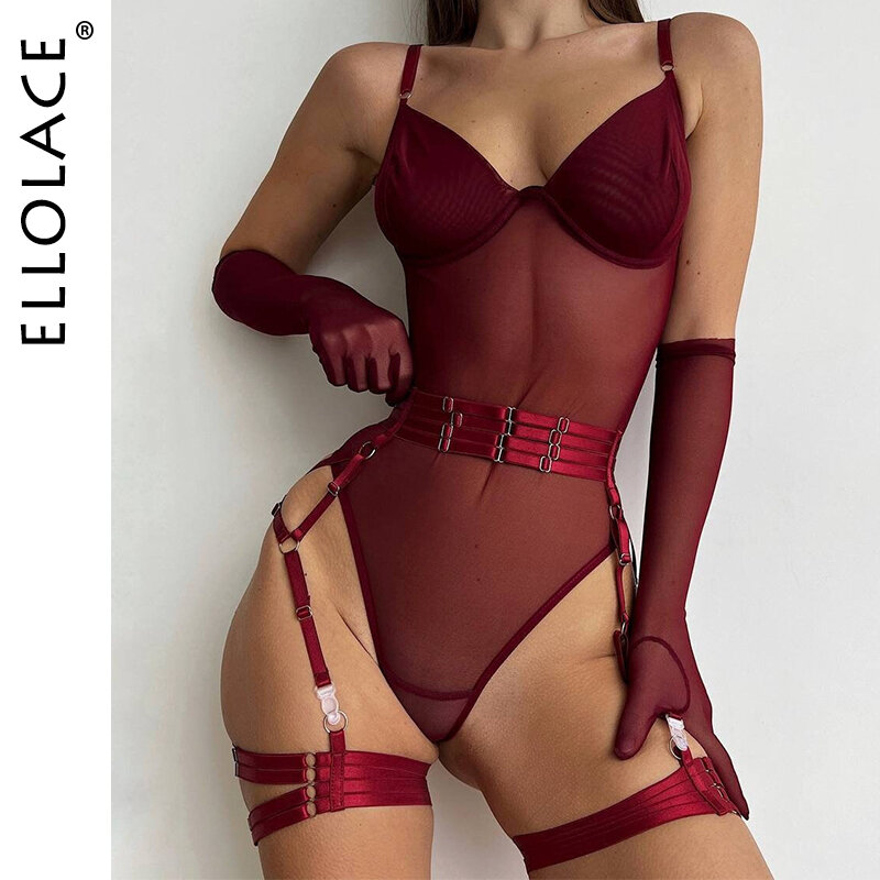 Ellolace-Body de encaje ajustado, Sexy, transparente, erótico, con guantes, liguero, traje de Club nocturno, Top de malla sin entrepierna