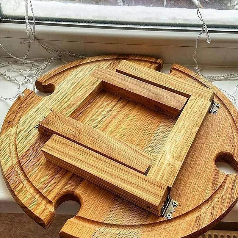 Wooden Outdoor Folding Picnic Table With Glass Holder Round Foldable Desk Wine Glass Rack Collapsible Table for Garden Party