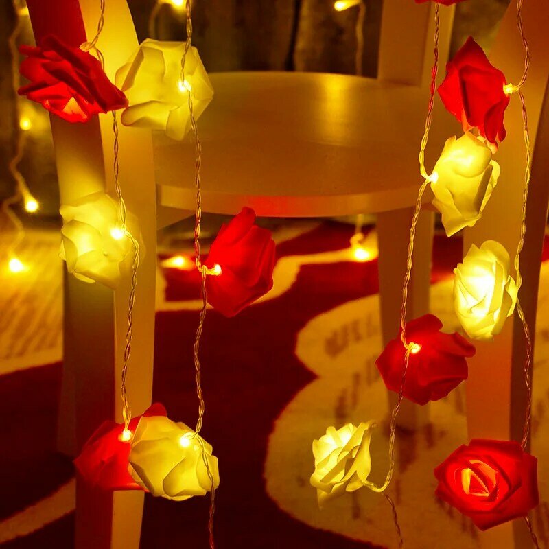 Artificial Rose Flower LED Lights Valentine's Day Rose Flower Fairy String Garland Room Wedding Table Decor