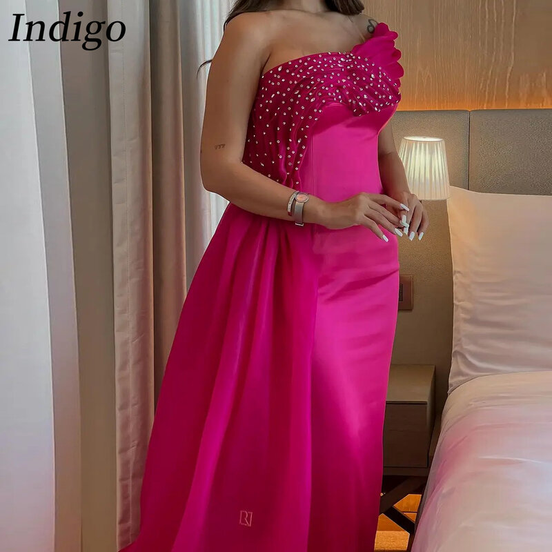 Атласное вечернее платье цвета индиго с одним открытым плечом и юбкой-годе, с бисером, Простое Элегантное платье для официальной вечеринки, 2024