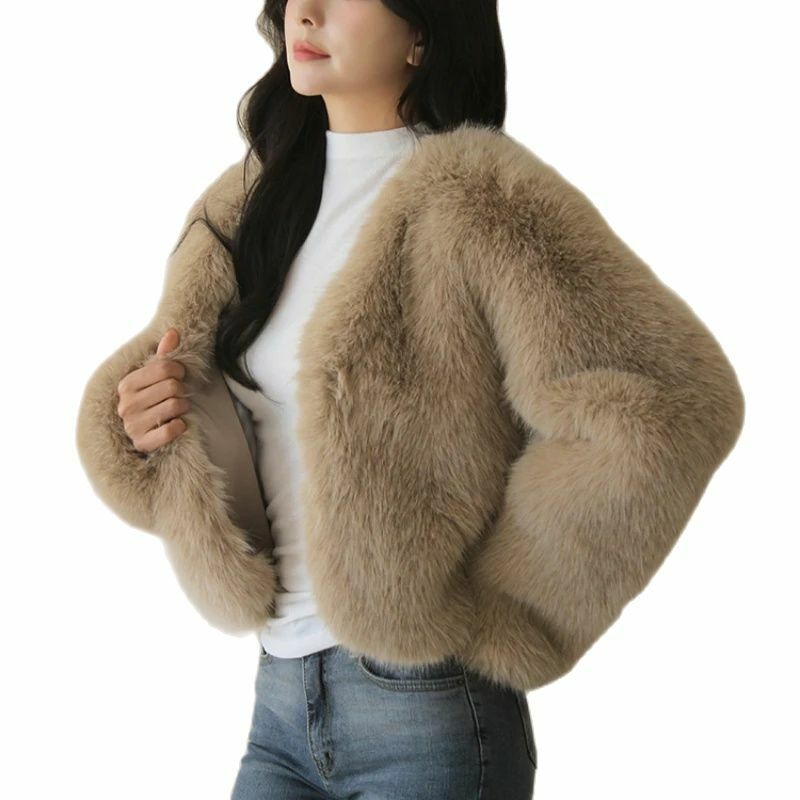 Słodka elegancka damska płaszcz ze sztucznego futra zimowa ciepła, jasna waga kardigan projekt koreańskiej mody kurtki damskie ze sztucznego futra lat płaszcz ze sztucznego futra