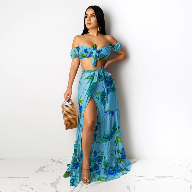 SKMY elegante stampa floreale 2 pezzi Set donna Sexy Lace Up scollo a V Crop Top + gonne lunghe Night Club Party Beach Outfits 2023