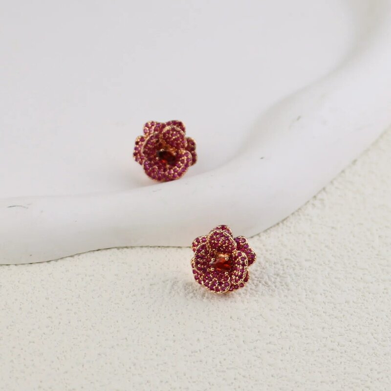 luxurytreasury Light luxury, simple and fashionable flower earrings, three-dimensional rose red zircon inlaid earrings