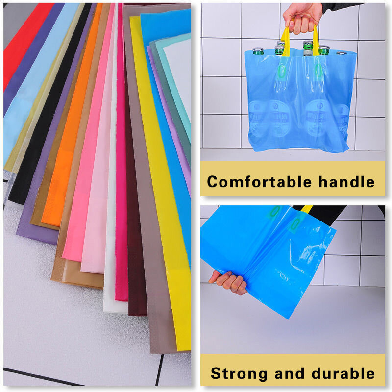 أكياس التسوق الملونة شعار مخصص مع مقبض ، كيس الهدايا البلاستيكية ، لون واحد ، على الوجهين ، تصميم مجاني الطباعة ، 100 قطعة