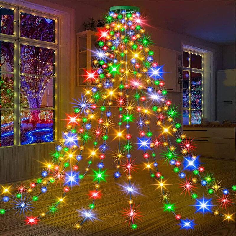 Lampu utama pohon Natal C2, cahaya Led 280LED bintang, lampu air terjun, taman luar ruangan, lampu tali peri, lampu liburan, karangan bunga