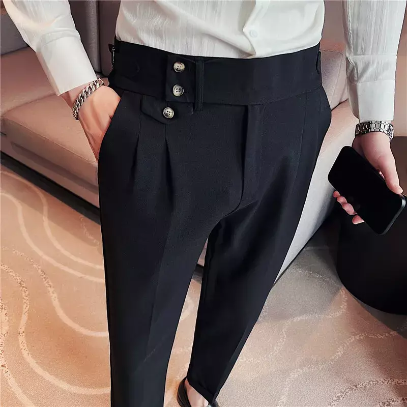 Pantalon formel slim taille haute pour homme, style britannique, affaires, décontracté, imbibé, bouton, haute qualité, bureau, printemps, nouveau, FJM