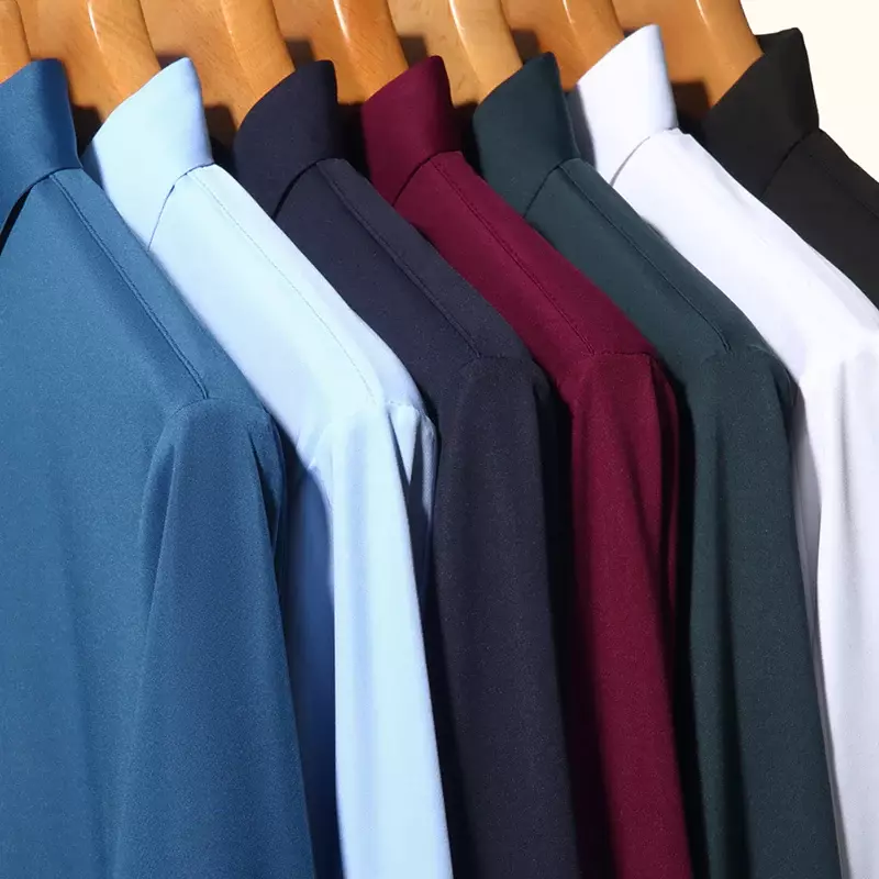 Seamless Anti-wrinkle Business Silky High Elastic Spandex Men's Long-sleeved Shirt Formal Social Non-iron Solid Color Casual