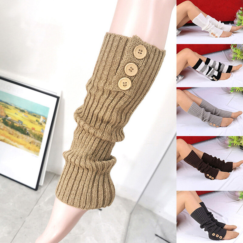 Aquecedores de perna monocromáticos para mulheres, meias de crochê alto no joelho, punhos de bota, 3 botões, malha quente, inverno, 1 par