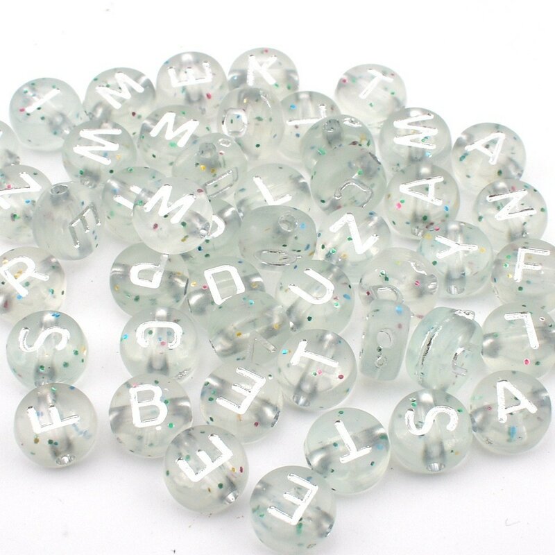 Perles Rondes en Acrylique pour la Fabrication de Bijoux, 50 Pièces/Lot, 7x4x1mm, Points Colorés, Lettres Blanches Transparentes, DIY