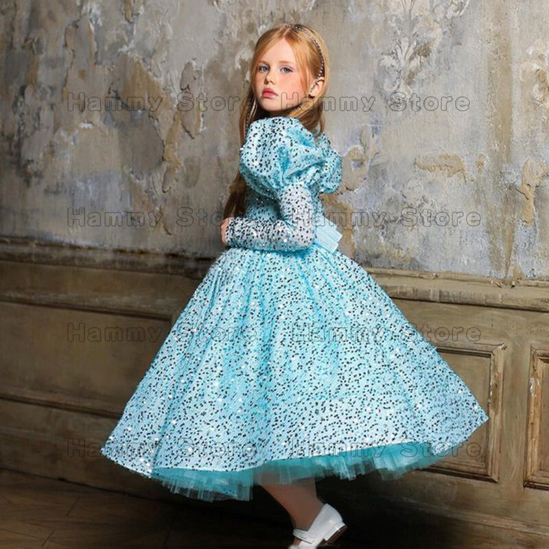 Children's Party Dresses Graduation First Communion Gown New Scoop Neck Long Sleeves A Line Sparkling Sequin Flower Girl Dress