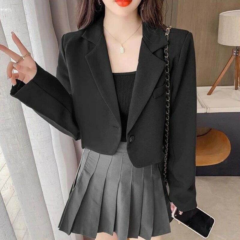 Укороченные блейзеры в Корейском стиле, Женская однотонная простая верхняя одежда на одной пуговице, Подростковый Универсальный офисный костюм с длинным рукавом, пиджак, блейзер
