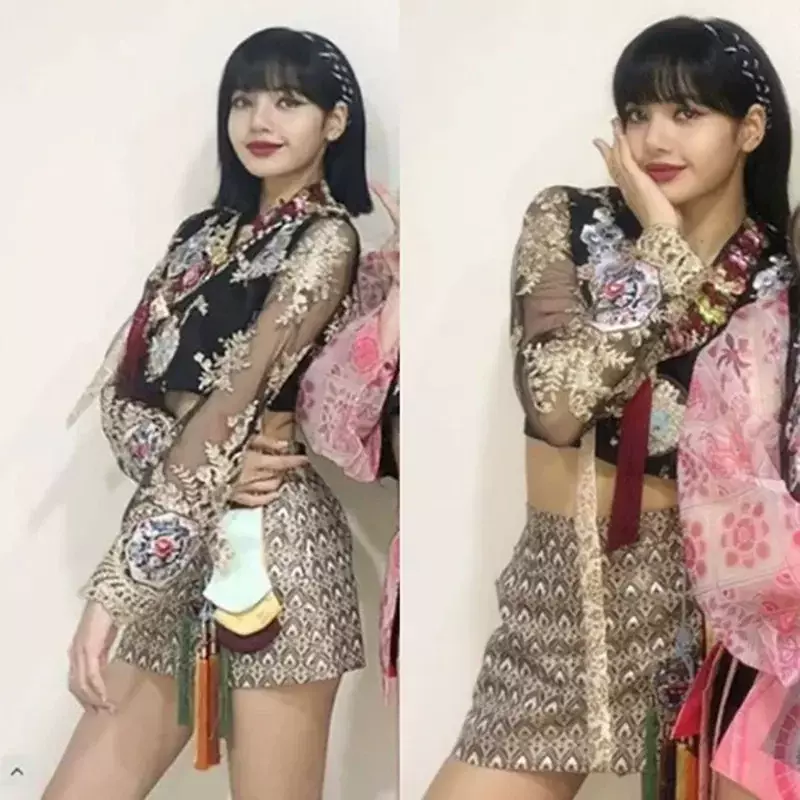Kpop Koreaanse Celebrity Borduurperspectief Korte Blouse Met Lange Mouwen Blouse Tops Sexy Slanke A-Lijn Mini Rok Dames Tweedelige Set