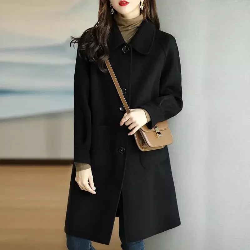 Moda coreana feminina de peito único Sobretudo grosso de comprimento médio, casaco de lã quente que combina com tudo, outwear casual, extragrande, 4XL, inverno