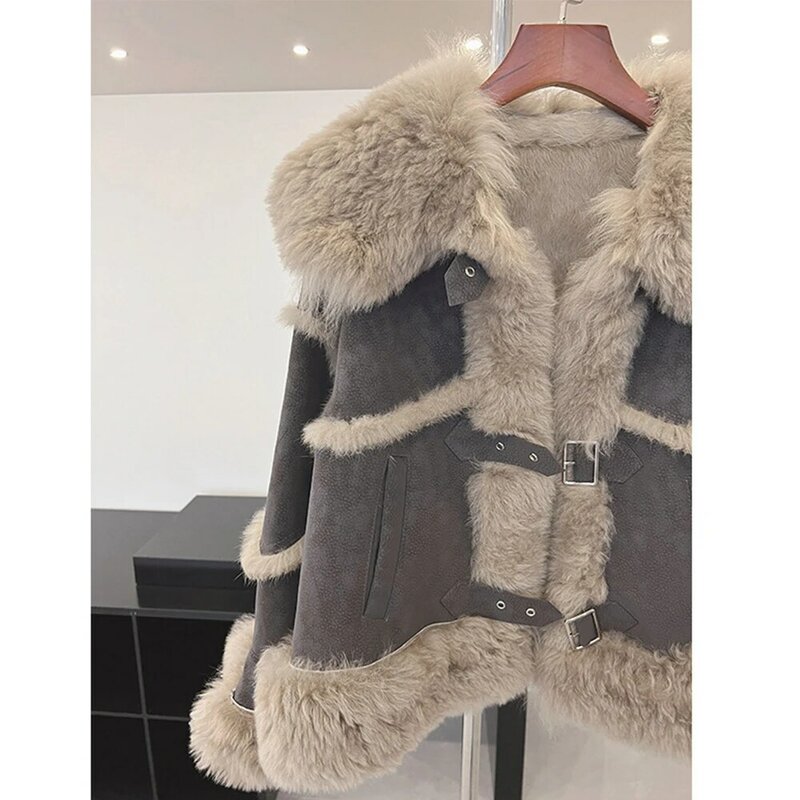 Luxury Women Fur Coat Big Turn Down Woollen Collar Warm Rabbit Fur Purple Jacket Female Fall Winter Versatile Commute Motor Coat