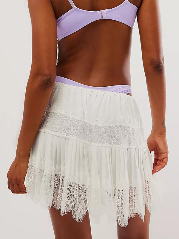 Women Floral Lace Mini Skirt Y2k Casual Low Rise Ruffled Hem Wrap a Line Pleated Pencil Short Skirt Streetwear