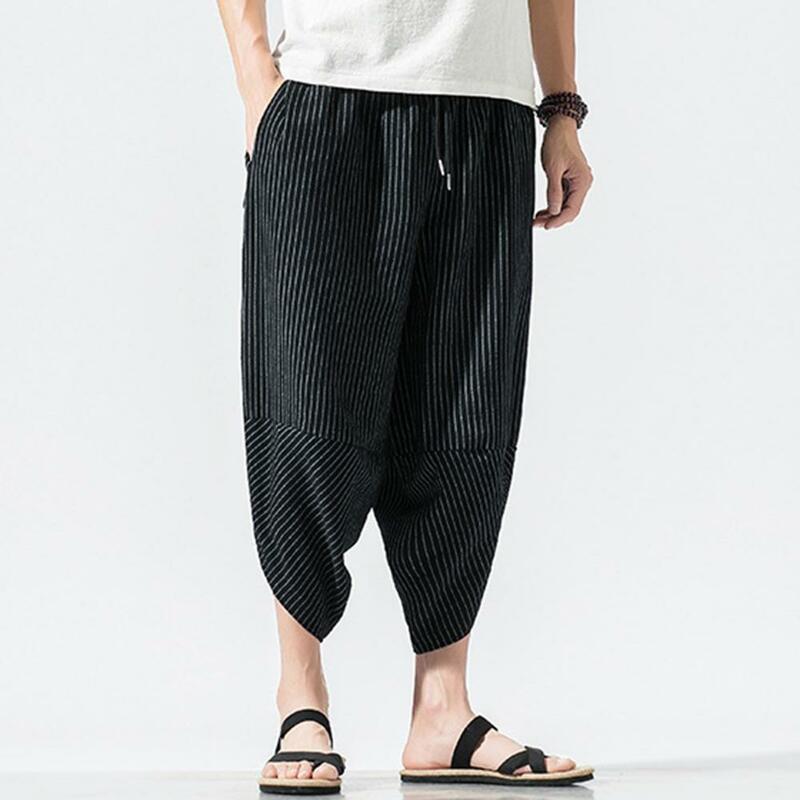 Men Versatile Cropped Trousers Men's Summer Cropped Pants with Elastic Drawstring Waist Vertical Striped Print for Streetwear
