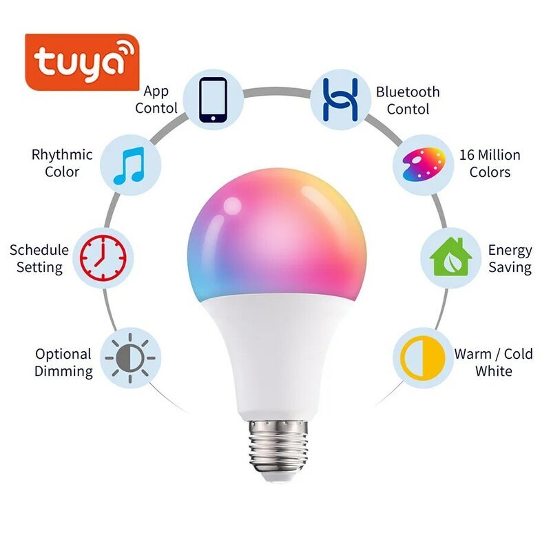 Tuya-bombilla LED E27 B22, lámpara inteligente de 20W, cambio de Color RGB + CW + WW, puerta de enlace de malla regulable con Bluetooth, decoración del hogar y sala de estar
