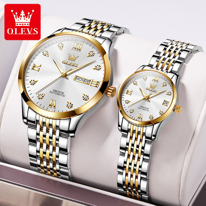 OLEVS-Relógios mecânicos para homens e mulheres, relógio de pulso de aço inoxidável, ponteiros luminosos impermeáveis, moda casal, prenda dos namorados