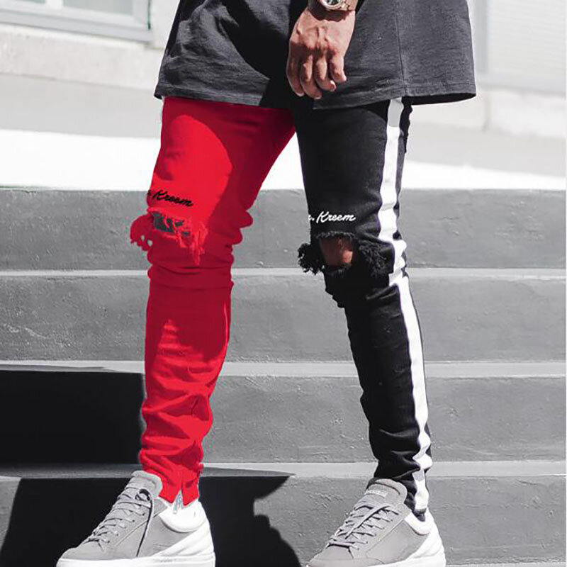 Męska czarna czerwona naszywka spodnie dżinsowe jesienna nowa stopa zamek porwane jeansy Hip Hop Vintage obcisłe dżinsy rurki Man Techwear Jean