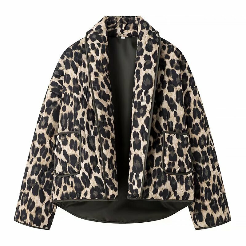 Casaco de algodão com estampa leopardo feminino, lapela solta, bolsos em retalhos, jaqueta grossa feminina quente, outwear feminino, nova moda inverno 2024